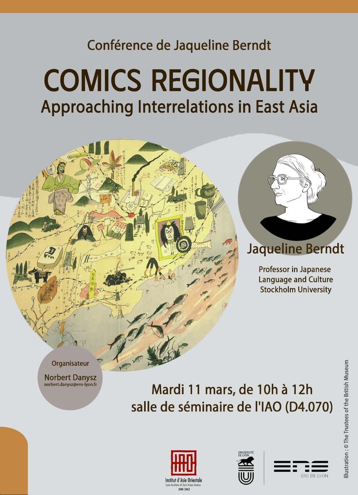 Poster de l'événement : Comics Regionality. Approaching Interrelations in East Asia, avec une portrait de Jaqueline Bernt et une ancienne gravure colorée de la carte du Japon