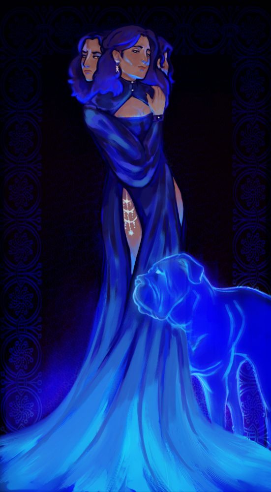 a dark skinned interpretation of hecate with a hound