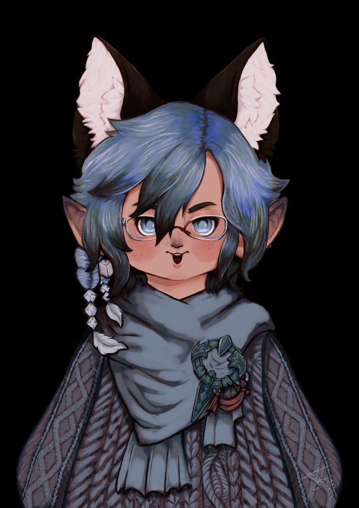a lalafell pngtuber that is fully rendered. he has blueish-grey hair with black tips, fluffy fox ears, and a giant cable knit sweater. he is wearing glasses and a scarf with a metal pin