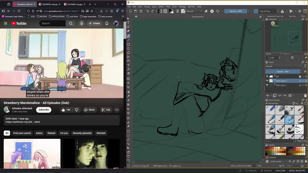 a work in progress picture of ran and chen from tohou sitting in a wooded field under a tree. there's strawberry marshmallow playing in the next tab