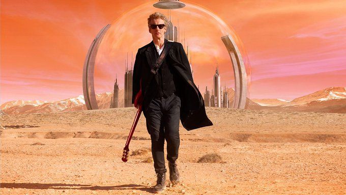 The twelfth Doctor standing with the Gallifreyan Capitol in the background