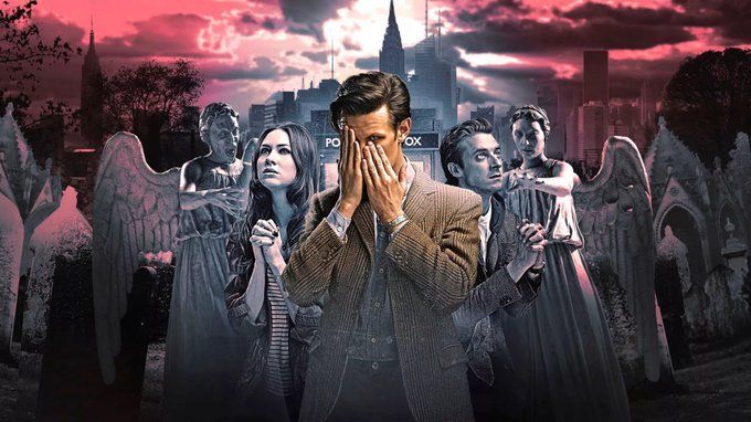 Amy, the eleventh Doctor, and Rory surrounded by Weeping Angels