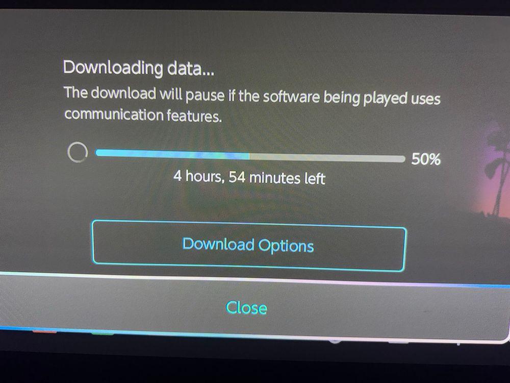 Screenshot of my Mario kart download 50% complete with an estimated 5 hours remaining.