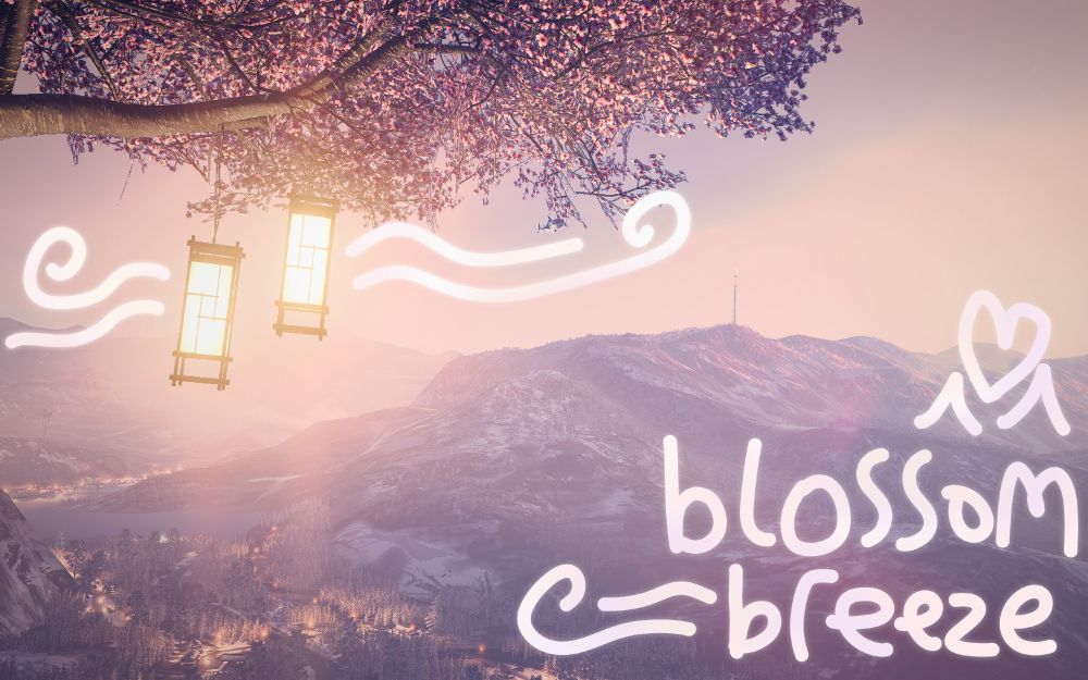 A blossom tree with lanterns hanging from it in-front of a mountain range covered in pink fog.
