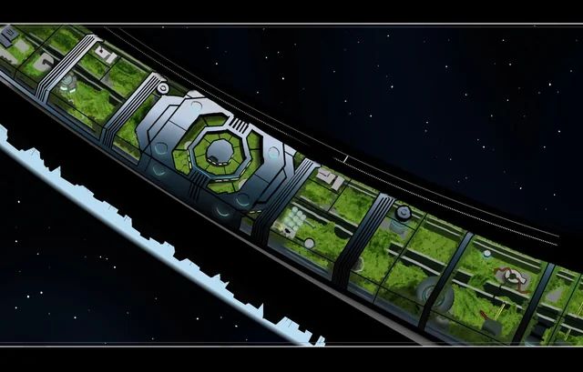 An arc of a torus space habitat with vast, overgrown greenery in it.