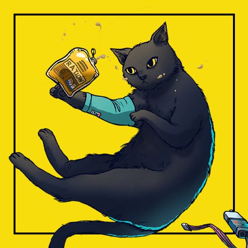 black cat floating in zero g with an option packet of rations next to it