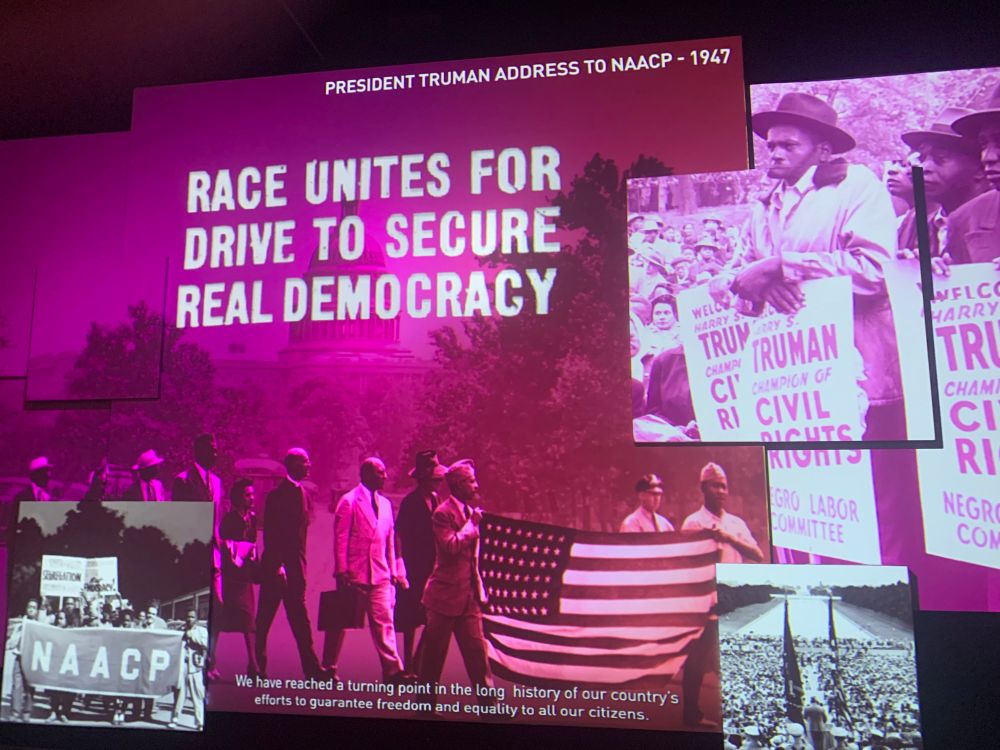 Exhibit featuring the civil rights struggle reads Race unites for Drive to Secure Real Democracy at the National Museum of African American Music in Nashville. The struggle continues today.