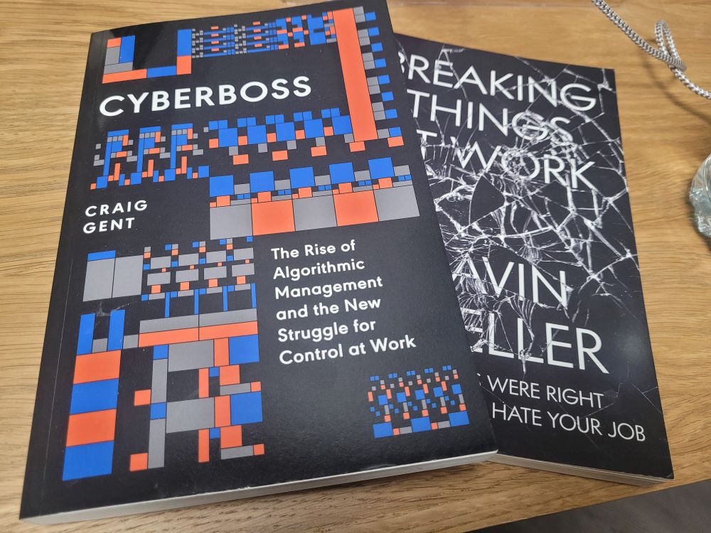 One book is laid on top of another book. The book on top is titled Cyberboss and the author is Craig Gent. The book on the bottom is titled Breaking Things at Work and the author is Gavin Mueller.