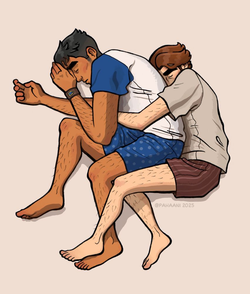 Full body drawing of Jayce and Viktor sleeping while spooning. Jayce is lying on his side, curled up. Viktor is lying on his side, curled against Jayce's back, and he's hugging Jayce's middle from behind. They are both wearing a simple t-shirt and boxer shorts. Jayce's shorts have dots on them and Viktor's are striped.