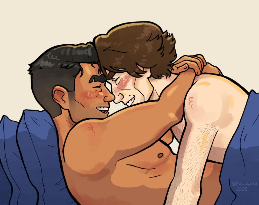 A drawing of Jayce and Viktor lying in bed. Viktor is on top of Jayce, holding himself up with his arms. Jayce has his arms loosely wrapped around Viktor's neck. Their foreheads are pressed together and they're both laughing with their eyes closed. Jayce is leaning on pillows and a blanket covers them both from the waist down.
