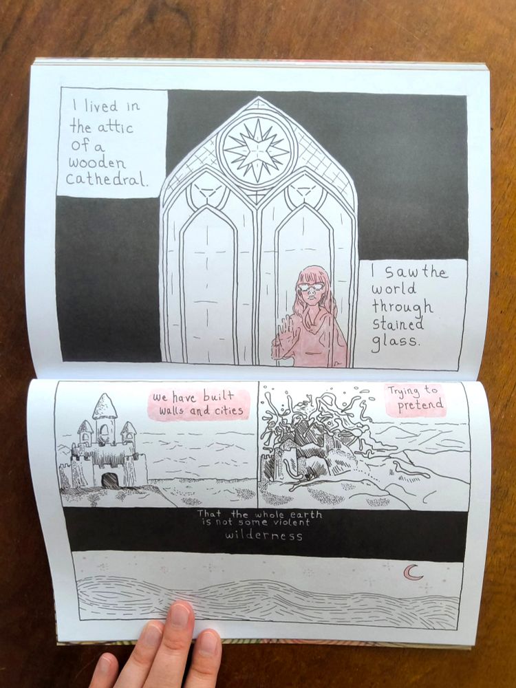A comic page from SOUVENIR by Sara L. Jewell . It shows a person looking out at the world from behind a stained glass panel. The drawings are in black and white with limited use of color in pink. Another drawing depicts a sandcastle getting smashed by the waves. Text reads: "I lived in the attic of a wodden cathedral. I saw the world through stained glass. We have built walls and cities trying to pretend that the whole earth is not some violent wilderness."