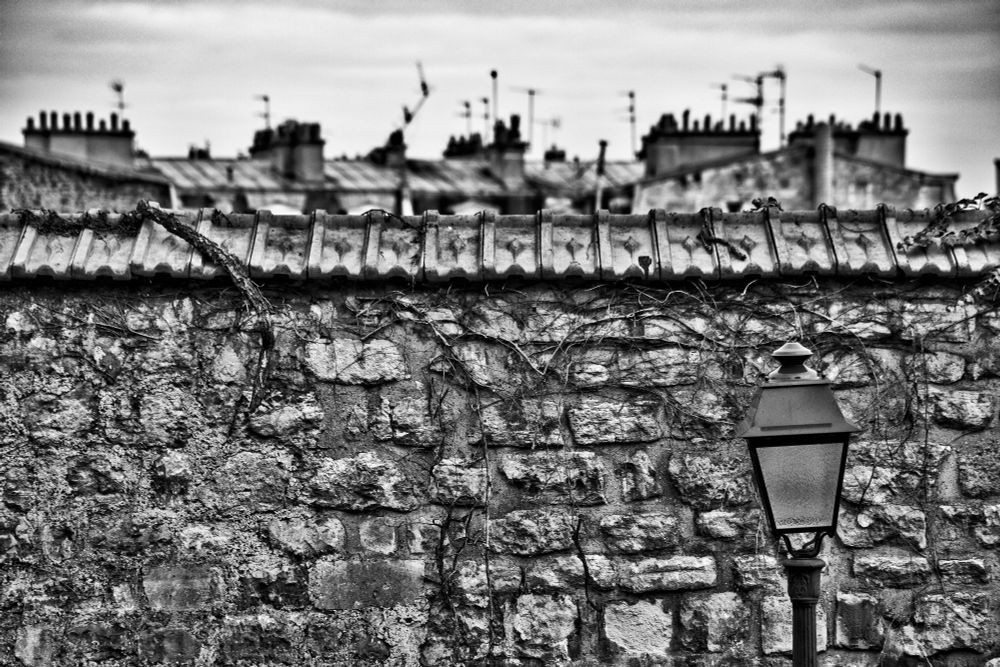 Photo monochrome.
Un haut de lampadaire devant un mur. À l'arrière-plan, des toits d'immeubles parisiens