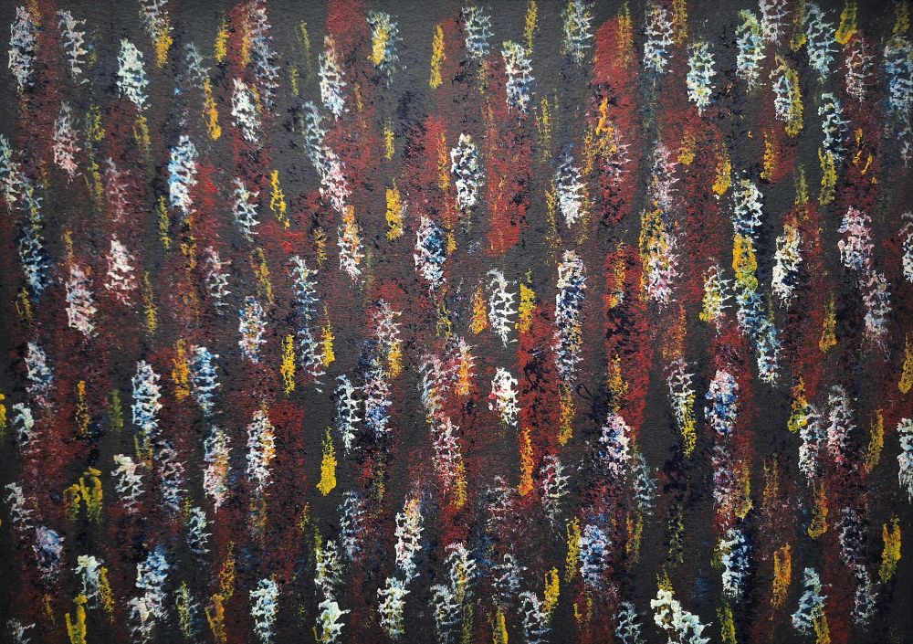 Acrylique sur papier noir.
Une pluie rouge, jaune et blanche