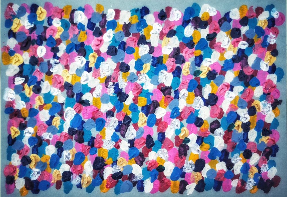 Acrylique sur papier.
Des points superposés. Plusieurs couleurs.