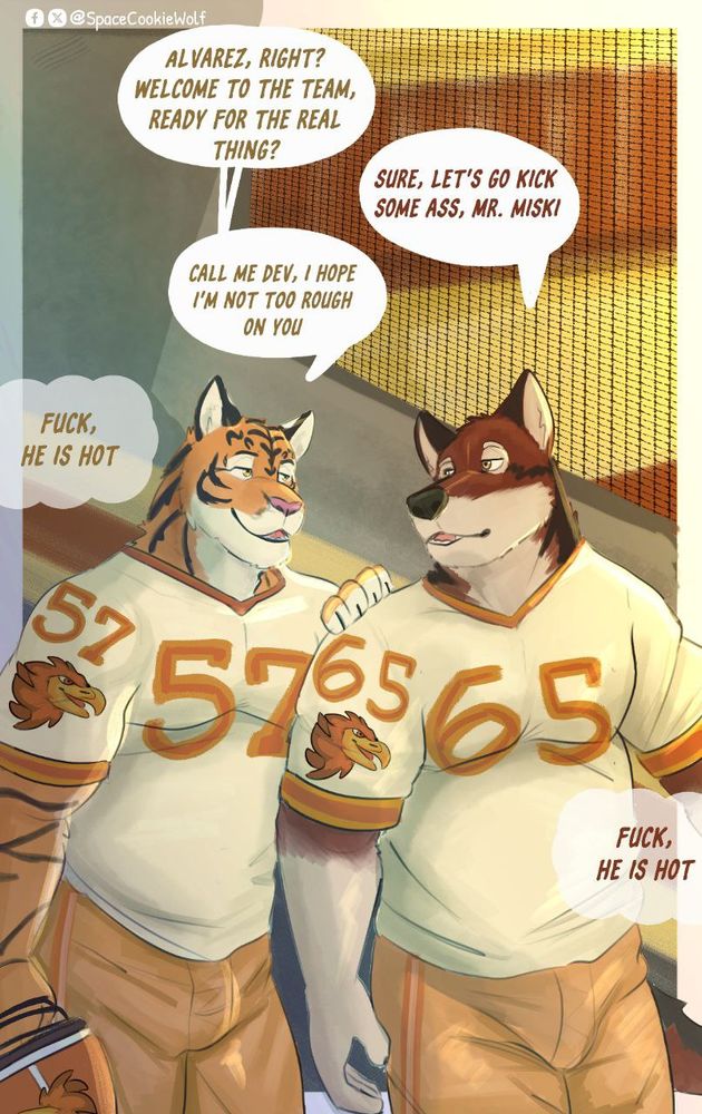 Furry art. Leo Álvarez and Devlin misky,  american football, Echo visual novel, Out of positicion by Kyell gold.