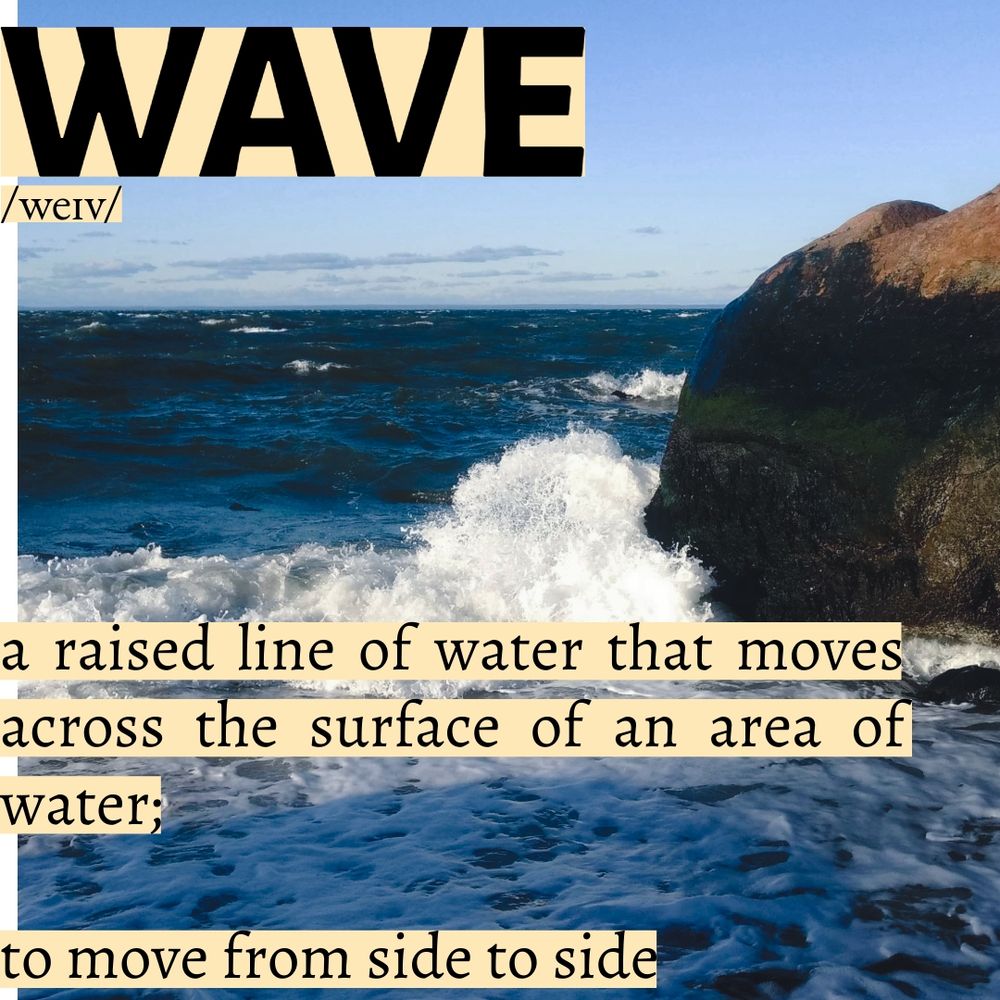 Photograph of a wave crashing next to a large boulder covered in algae; bright white foam can be seen where the wave is breaking against the rock; more waves with whitecaps can be seen in the background. Text overlay reads: wave; /weɪv/; a raised line of water that moves across the surface of an area of water; to move from side to side