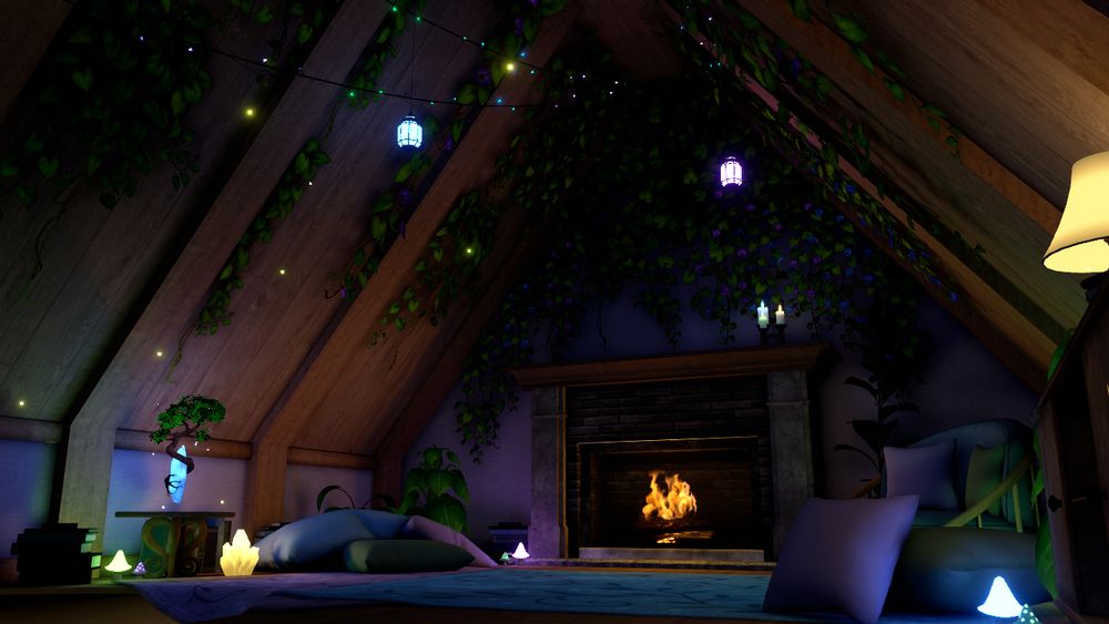 VRC photo of an attic with greenery on the underside of the roof and string lights with lanterns, a lit fire place on the back wall. There are small lights and lamps siting next to a pile of pillows as well as a chair and pillows on the other side. All sitting on a blue rug. 