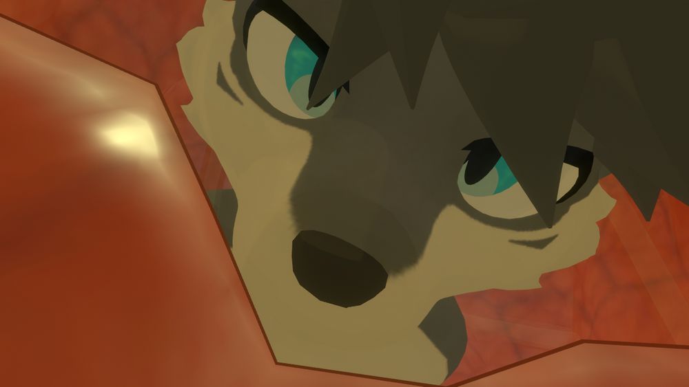 VRC photo of a top down view of the head of a wolf inside the walls of an anus.