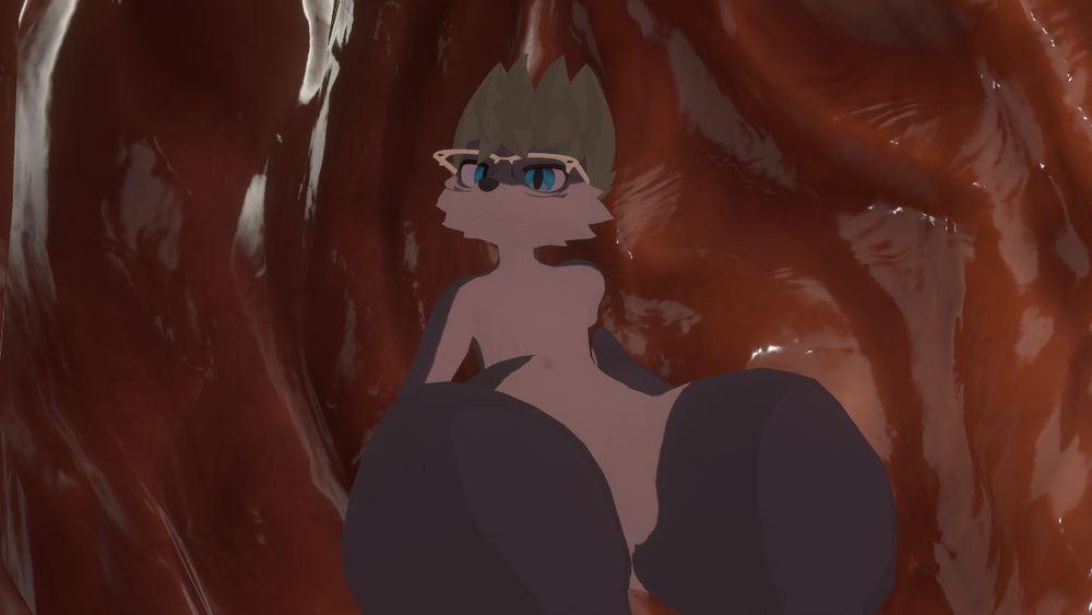 VRC photo of a wolf avatar chilling inside the walls of an anus.