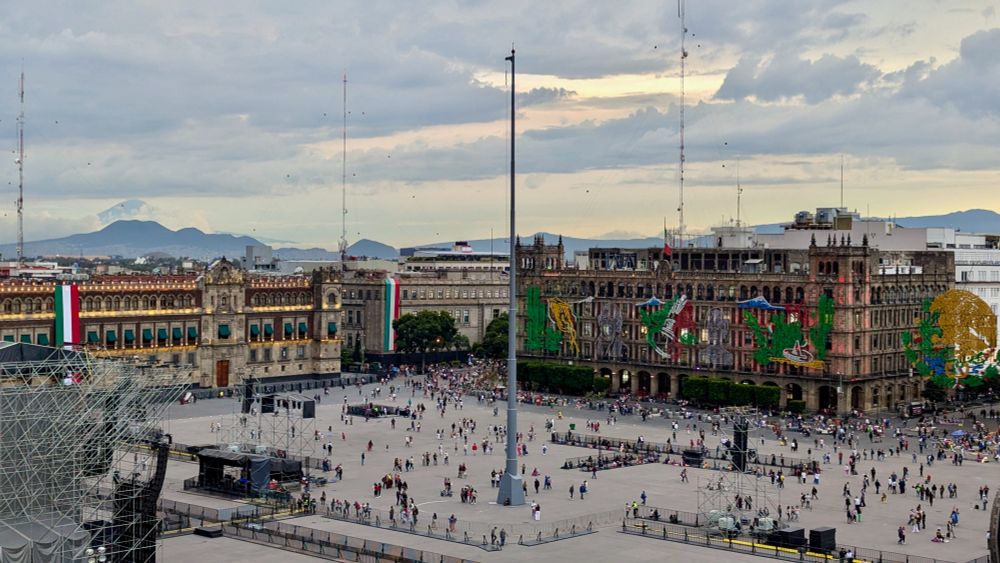 Mexican Independence Day decorations and preparations in the Plaza de la Constitución, Mexico City at dusk