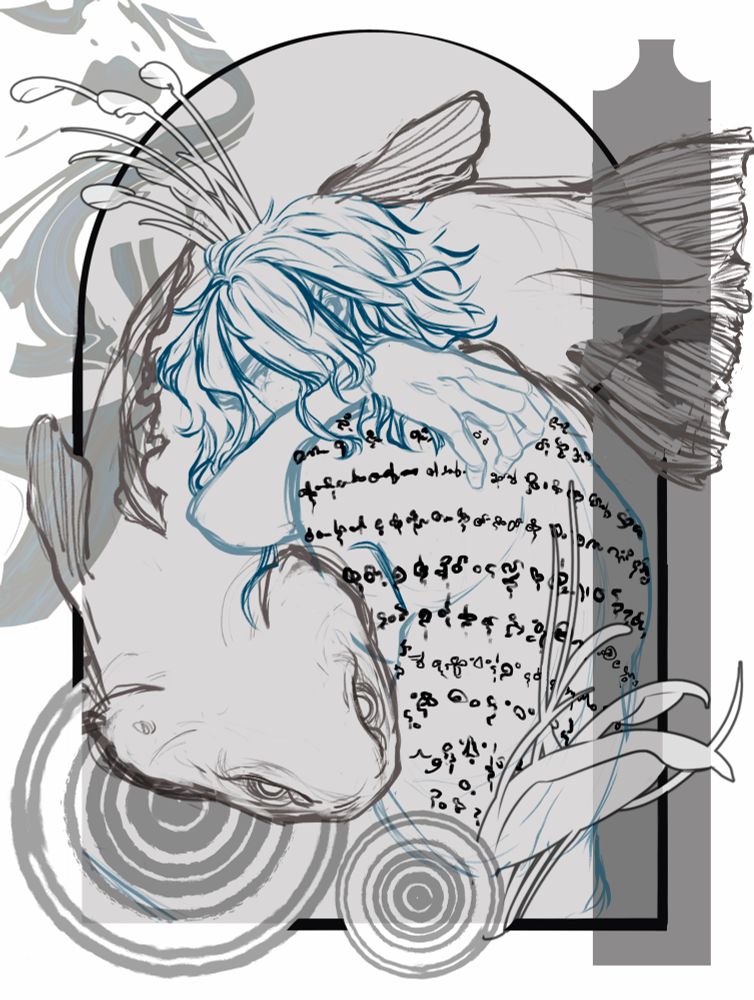 A sketch of my character Savoie with his back covered in rune tattoos facing the viewer, as a coelacanth swims around him protectively.  