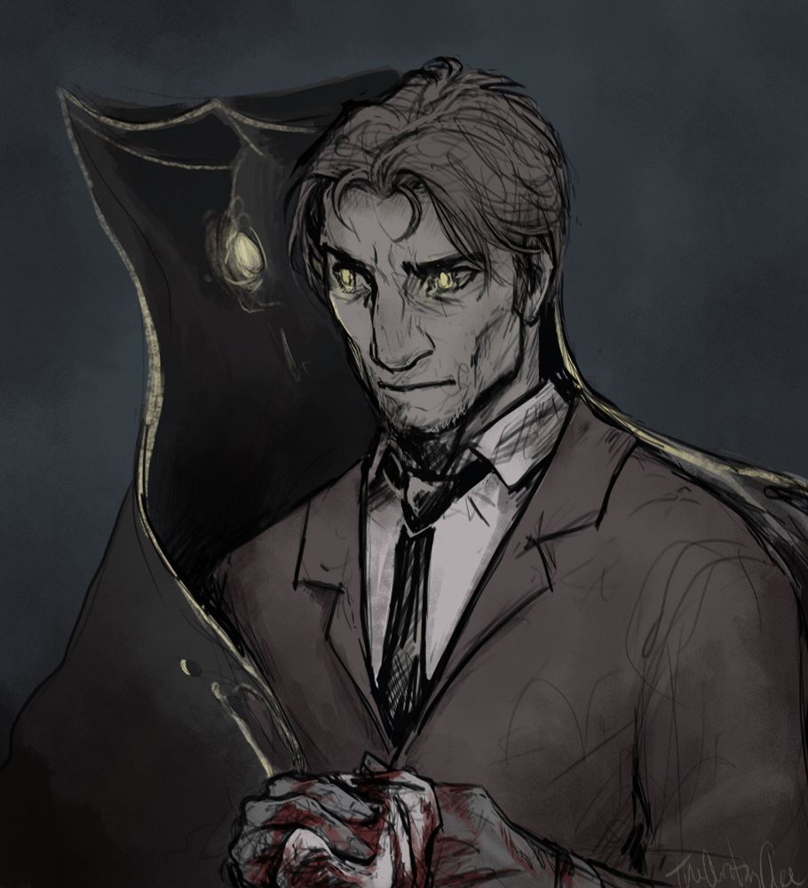 a tonal colored drawing in a scribbly style of a gaunt man in a collared shirt and tie with a serious look overlapping a shadowy figure hovering behind him, their eyes are overlapping. He has a bloody handkerchief in his hands