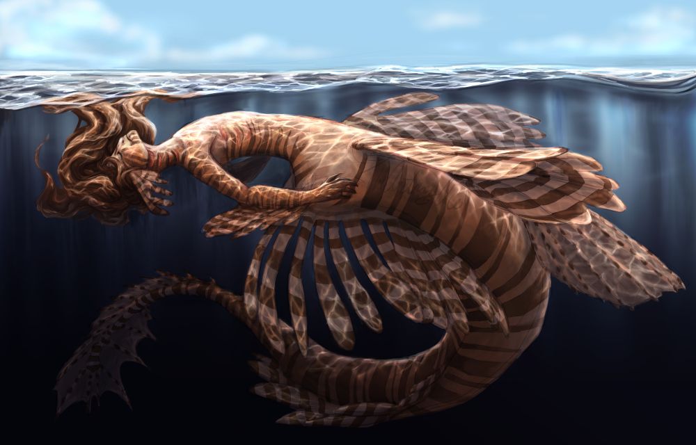 art circa 2022 the same sinuous lionfish mermaid is shown hovering right under the surface of calm waters, eyes closed and long brown hair drifting to the surface. her sinuous striped serpentine body curls gently into the distant water
