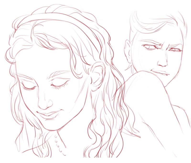 Black and white drawing of two women