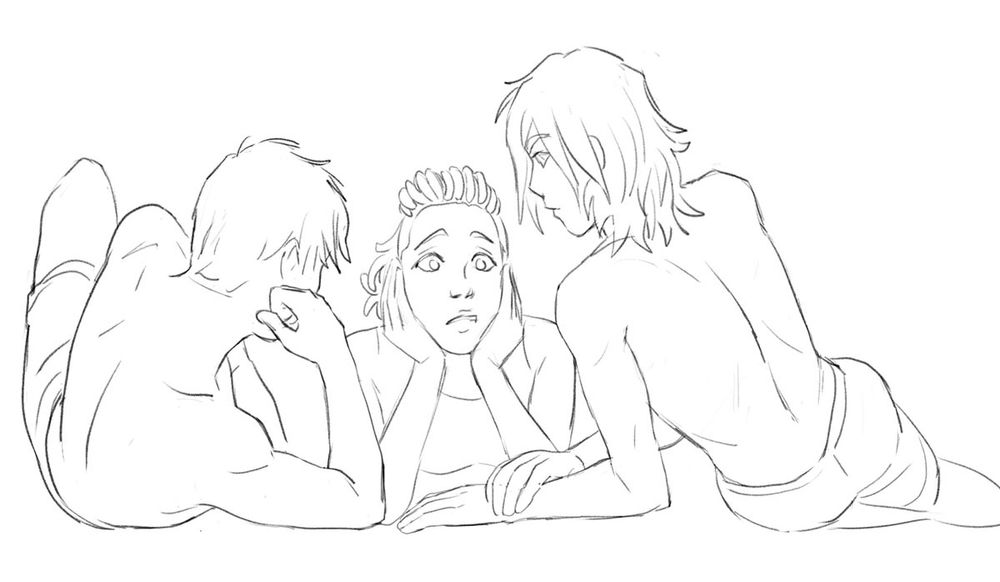 Three characters have an intense discussion at the beach.