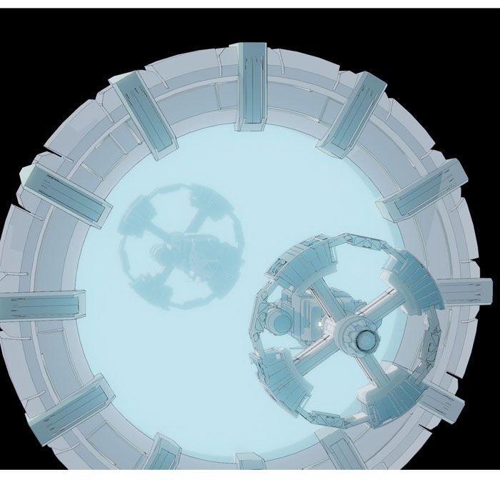 A 3d model of a space craft approaching a glowing blue portal