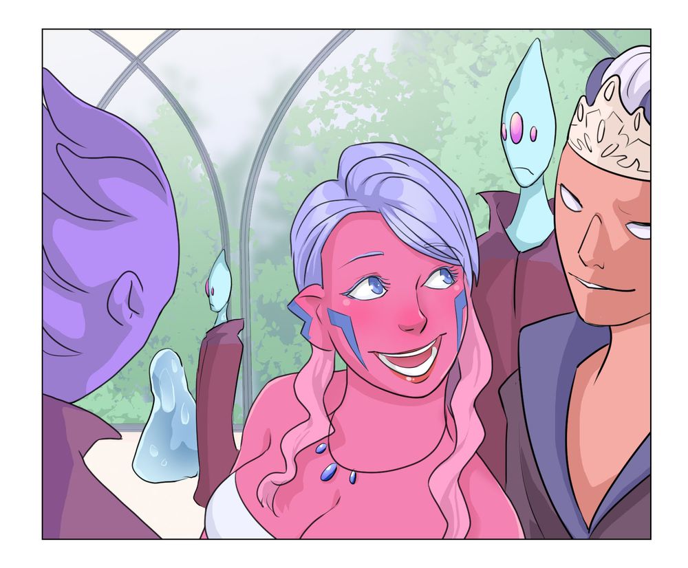A pink alien woman chats with several other multicolored aliens
