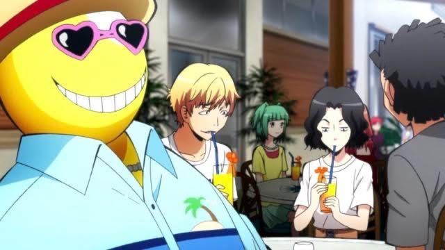 Koro-sensei in Assassination Classroom living it up in heart shaped shades at a beach table. Mood. 