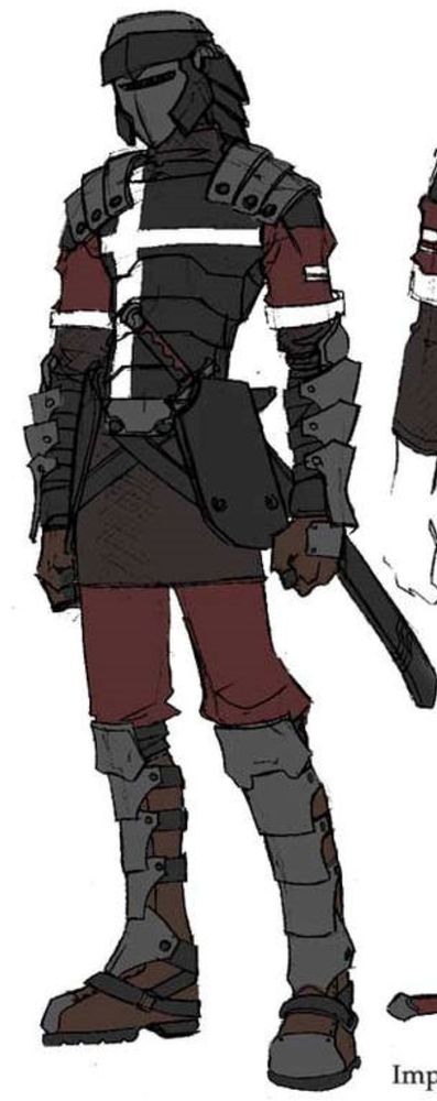 Regular knight or soldier. Simple metal plates, one sword on left hip. 