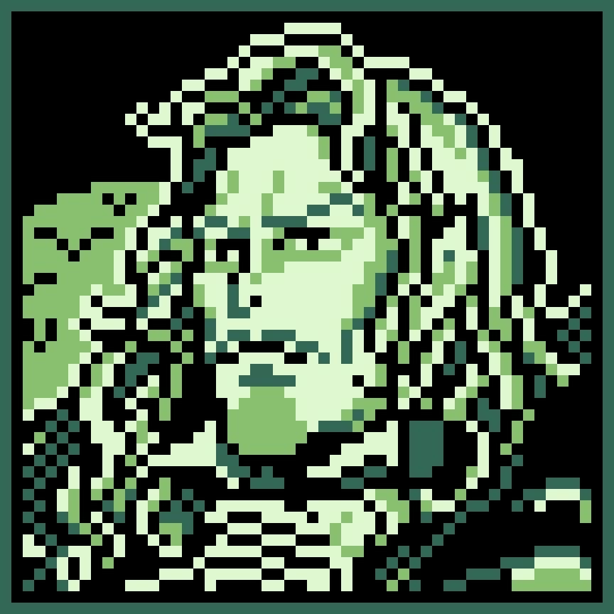 Game-Boy style pixel art of Dracula, as he appears in Castlevania: Symphony of the Night. The color palette is limited to black, dark green, light green, and a greenish off-white. There is a full moon behind him, with distant bats flying in front of it.