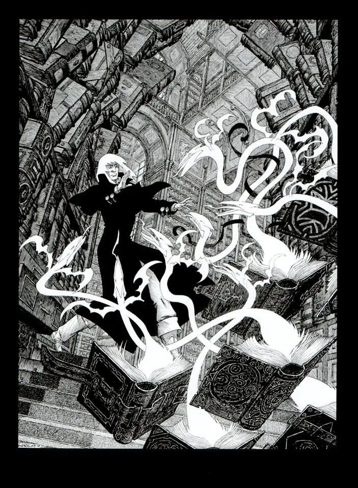 Black and white art. The Wizard summons little dragons from books