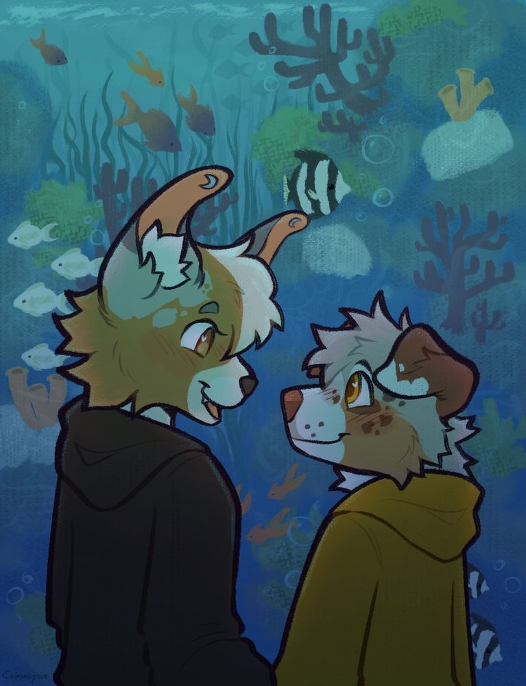 Two anthropromorphic dogs wearing hoodies and standing in front of an aquarium. They are looking at each other and smiling.