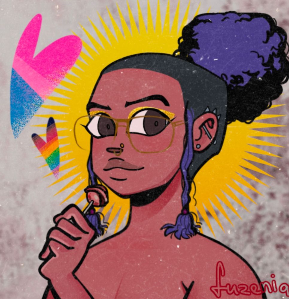 Cartoon drawing of black girl with purple afro puff and holding a lollipop 