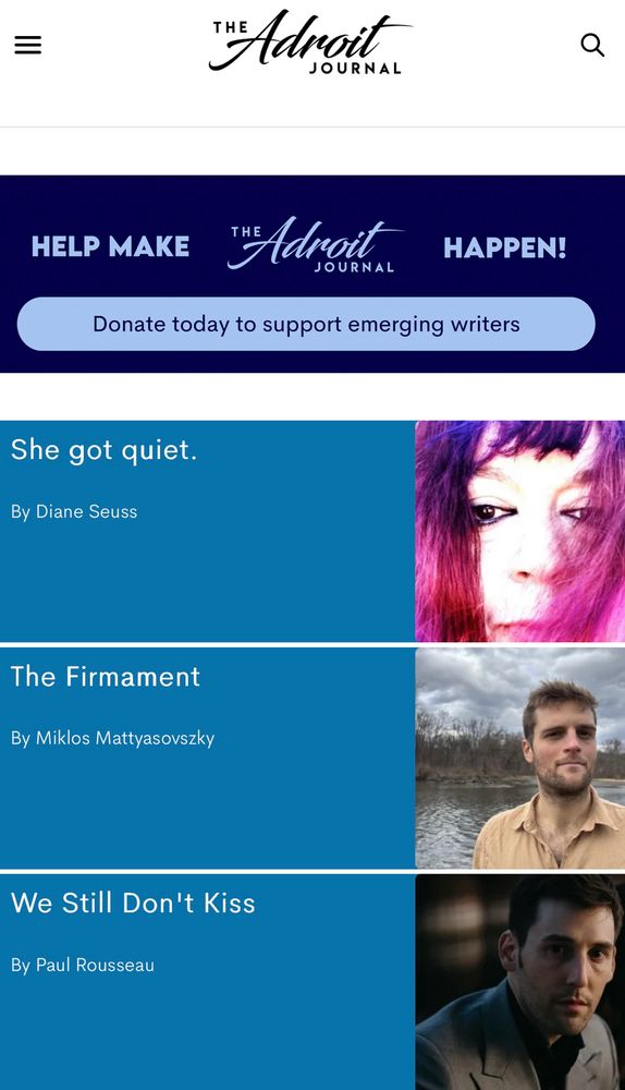 Homepage of the adroit journal literary magazine. Diane Seuss poem She got quiet. The firmament by 
By Diane Seuss
The Firmament By Miklos Mattyasovszky. And my essay “we still don’t kiss.” Each with an author photo 