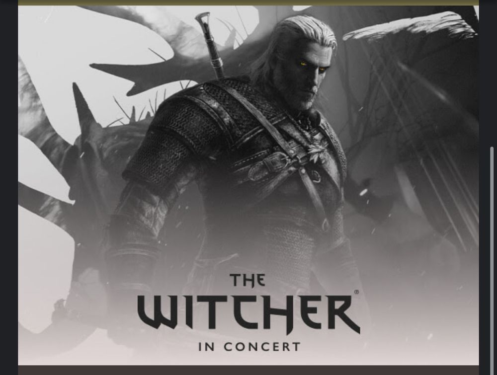 Monochrome Geralt from the Witcher video games 
“The Witcher in concert” I think his horse Roach and perhaps the antlers of a leshen are behind him. Def a bit of forest 