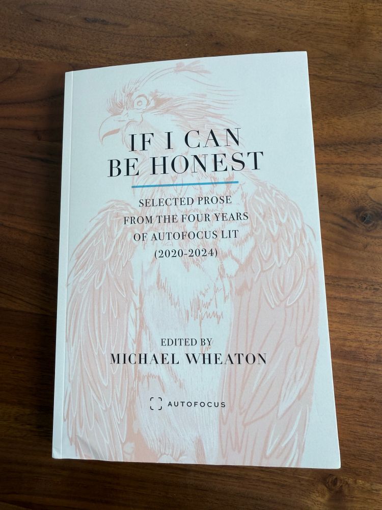 If I can be honest from autofocus books. Off white cover with a faint red/orange gnarly looking bird (possibly a phoenix). Selected prose from the 4 years autofocus was an online journal. 