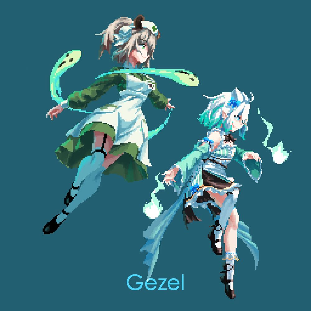 Pixel art of Nimi Nightmare and Mint Fantôme.

Both are floating in the air, with Nimi doing a bit of a twirl while Mint looks a bit more serious.