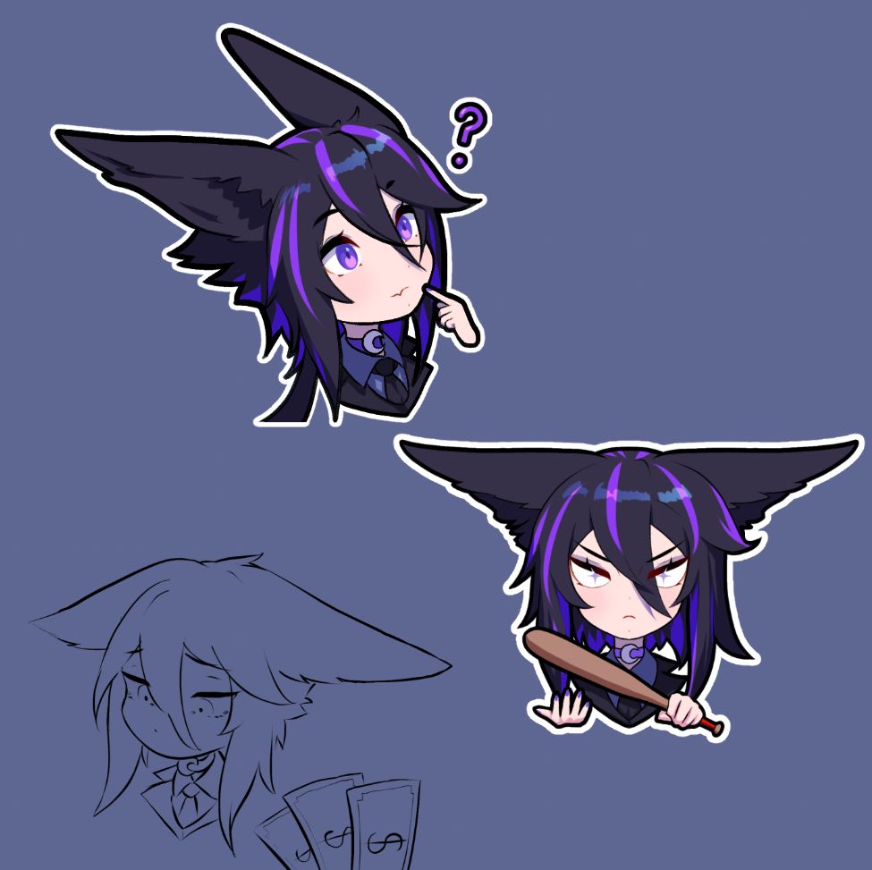 Doodles of my persona in a sort of chibi sticker style that I'm doing for my twitch panels.
First one is looking up with a finger resting near the lips inquisitively.
Second one is holding a bat and her ears are down threateningly.
Third one is still just a sketch and is looking down, reluctant to accept money.