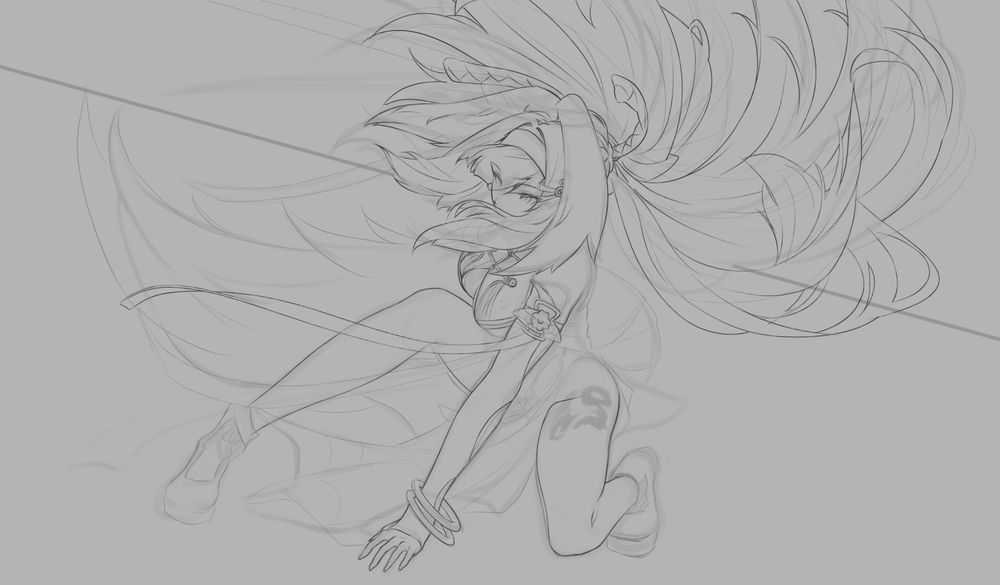 Earlier sketch, now a bit further along, with more defined lines and shapes.

The character is wearing high-heeled ankle boots and a modified qipao now.