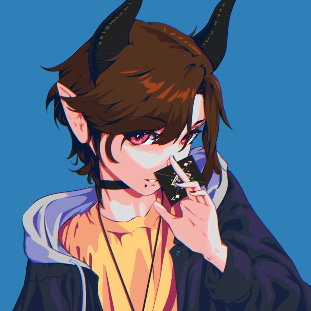 Cel-shaded artwork of yer0.bsky.social's persona. An androgynous imp with fair skin, dark horns, short brown hair, red eyes, and black nail polish.
They're depicted wearing a dark hoodie with a white hood, over a big yellow tshirt, and is accessorized with a black choker, and a long necklace, as well as snakebite piercings.
The pose is mischievous looking, with the face partially hidden by a black ace of diamonds card held between two fingers. You can see a faint grin and the eyes are looking directly at you.
The background is a solid sky blue colour and there's a bit of chromatic aberration over the image.