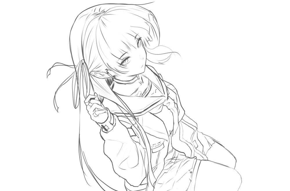 Sketch of Chisa from Wuthering Waves, in a top down angle sitting with one of her hands between her knees and looking up at the viewer.