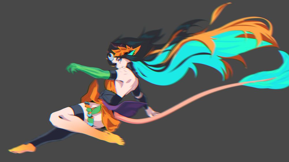 Coloured sketch of needynido.bsky.social's OC, Nido!

She is a humanoid character with very long black hair, with bright orange highlights and the underside of the hair is primarily bright teal.
She has elf-like furry ears with the same colour scheme as her hair, and her left eye is blue with a red pupil. Her right eye is normally closed and features 3 claw scars over it.

Nido is cosplaying Melinoë from Hades II and is shown leaping through the air at high speed, with her long hair and her tail flowing behind her.