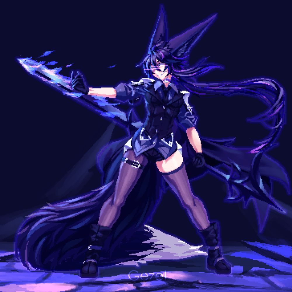 Pixel art of my persona Gezel, in usual attire, wielding a very long sword whose edge is scarcely coated in flames.
She has a deranged expression on her face and is standing firmly with her legs apart a bit, with her right hand lifted in a provocative fashion (the fighting kind) towards an off-screen target.
Her left hand is holding the longsword in reverse grip.
The background is a very simple floor made up of broken tiles and some rocks lit up in purples and blues like the rest of the image.