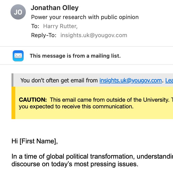 Screenshot of part of an email from Jonathan Olley at YouGov that opens with 'Hi [First Name]'