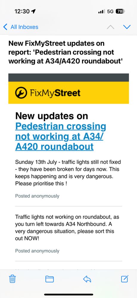Screenshot of email from FixMyStreet with title “New FixMyStreet updates on report: 'Pedestrian crossing not working at A34/A420 roundabout'” showing two new reports reiterating the same point