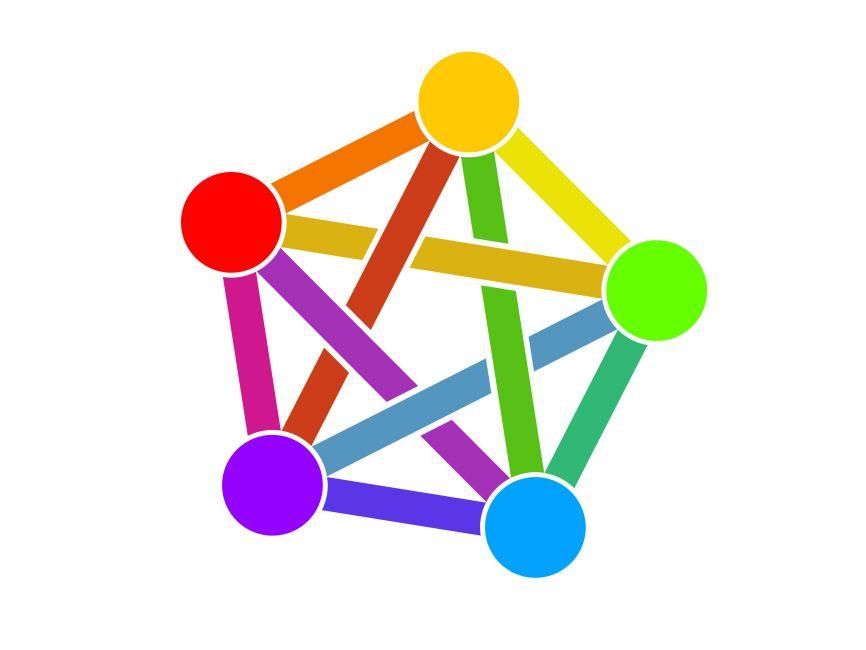 The Fediverse logo - five differently colored circles connected by colored lines.